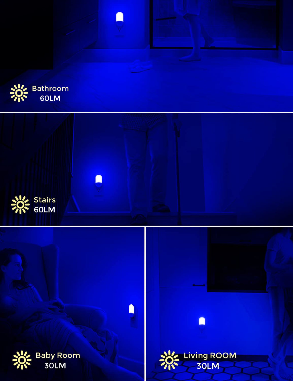 Blue Night Light Plug in, LOHAS Motion Sensor Blue LED Night Lights Plug Into Wall, Adjustable Brightness, 0.6W LED Night Lights for Kids, Bathroom, Bedroom, Independence Day Decorations, 2 Pack