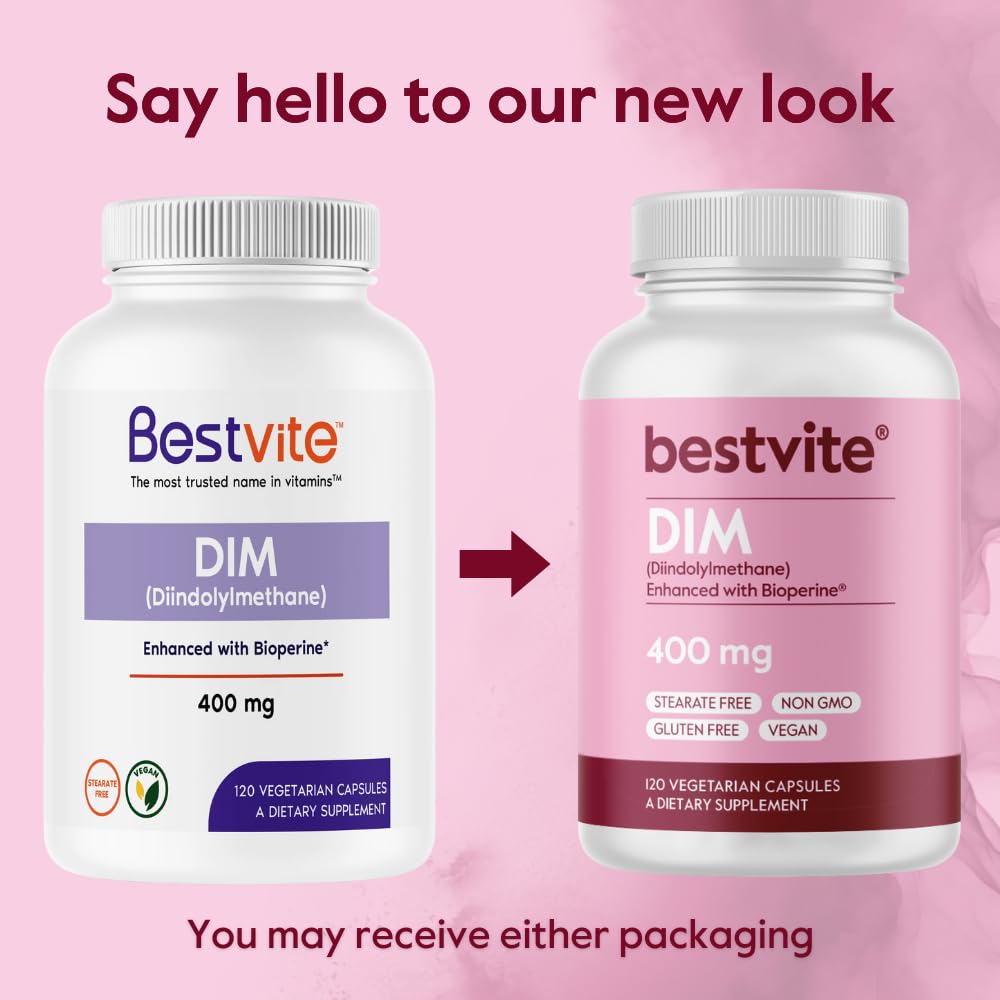 BESTVITE DIM (Diindolylmethane) 400mg with Bioperine (240 Vegetarian Capsules) (120 x 2) - No Stearates - No Gelatin - Vegan - Non GMO - Gluten Free