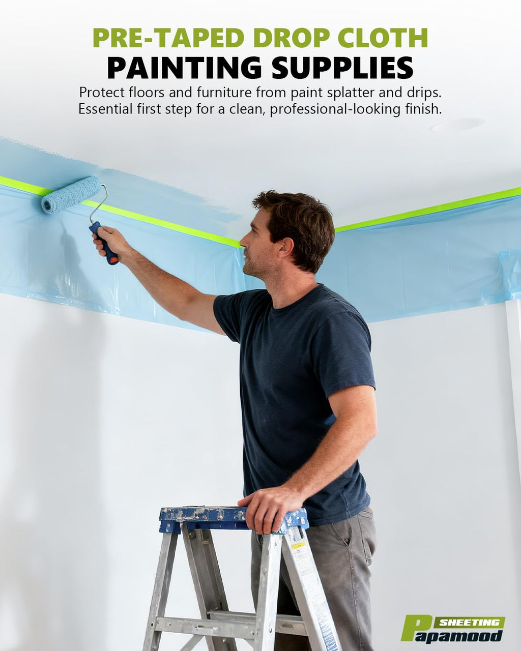 Pre-Taped Masking Film for Painting(4 Rolls) - 22" x 66'Painters Plastic Sheeting with Tape and Drape, Painters Drop Cloth for Automotive & Home, Cover for Walls/Floors/Windows/Cars Protection