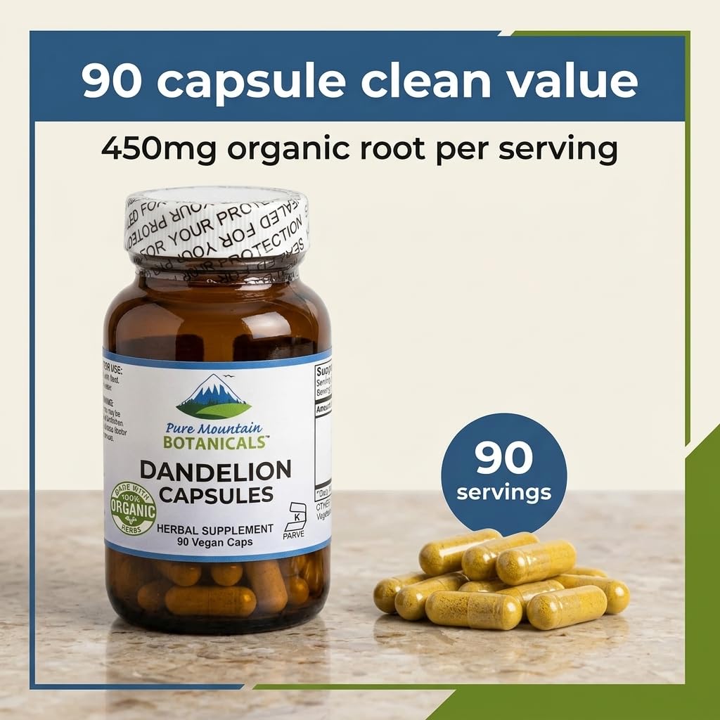 Pure Mountain Botanicals Dandelion Root Capsules - 450mg Organic Supplement - 90 Kosher Vegan Non-GMO Dandelion Pills