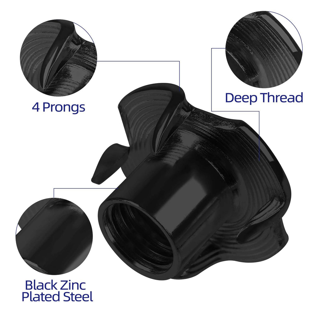 M10 T-Nuts Black Zinc Plated Steel, 4-Pronged Tee Nut for Wood, Rock Climbing Holds, Furniture, 50 PCS