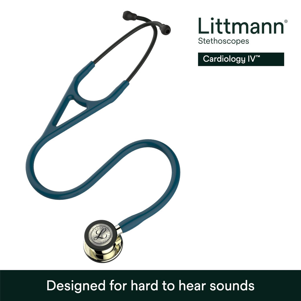 3M Littmann Cardiology IV Diagnostic Stethoscope, 6190, More Than 2X as Loud, Weighs Less, Stainless Steel Champagne-Finish Chestpiece and Stem, 27" Caribbean Blue Tube, Black Headset