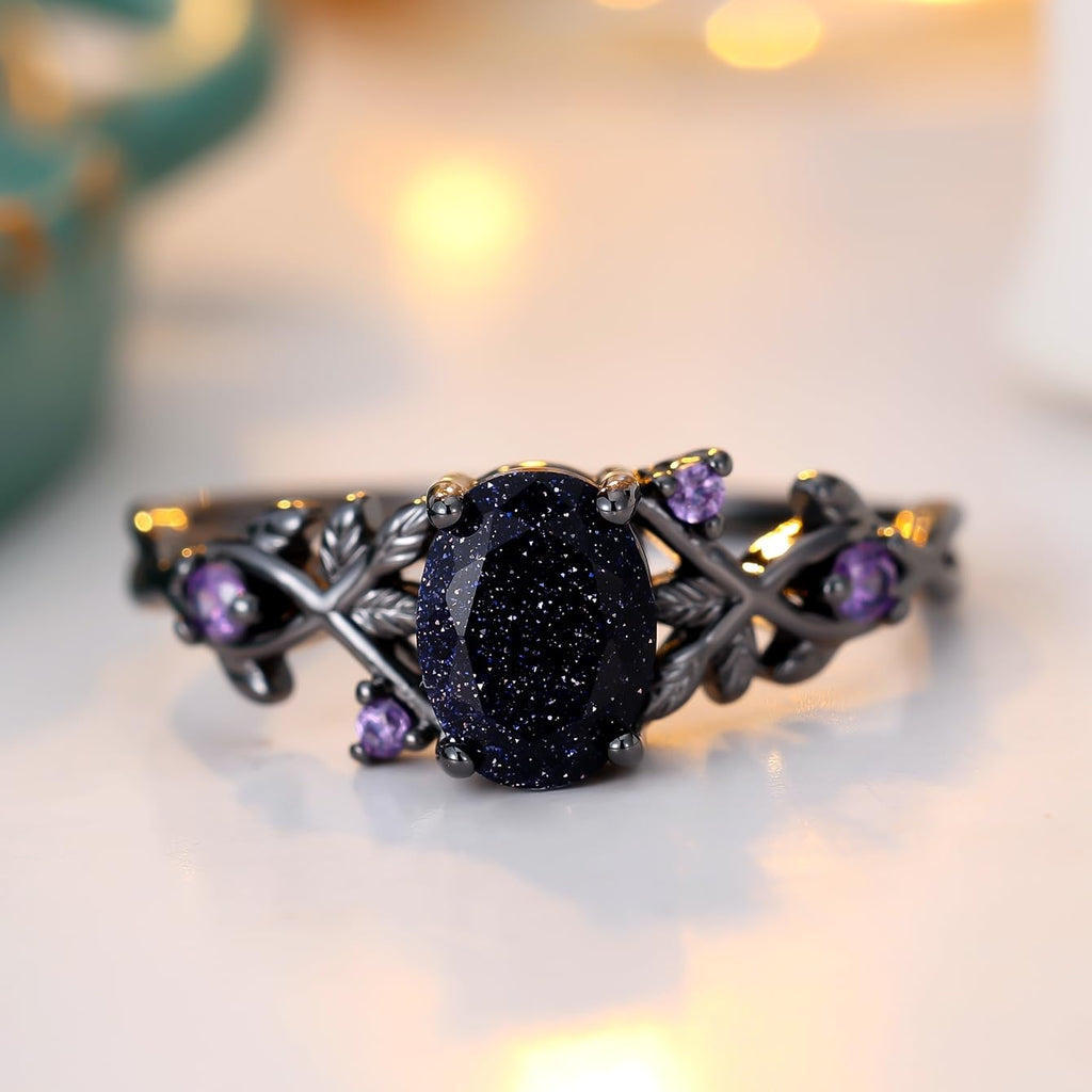 Blue Sandstone Gothic Leaf Ring for Women – 18K Black Gold Plated Vine Promise Statement Ring, Engagement Wedding Band Jewelry Gifts (7)