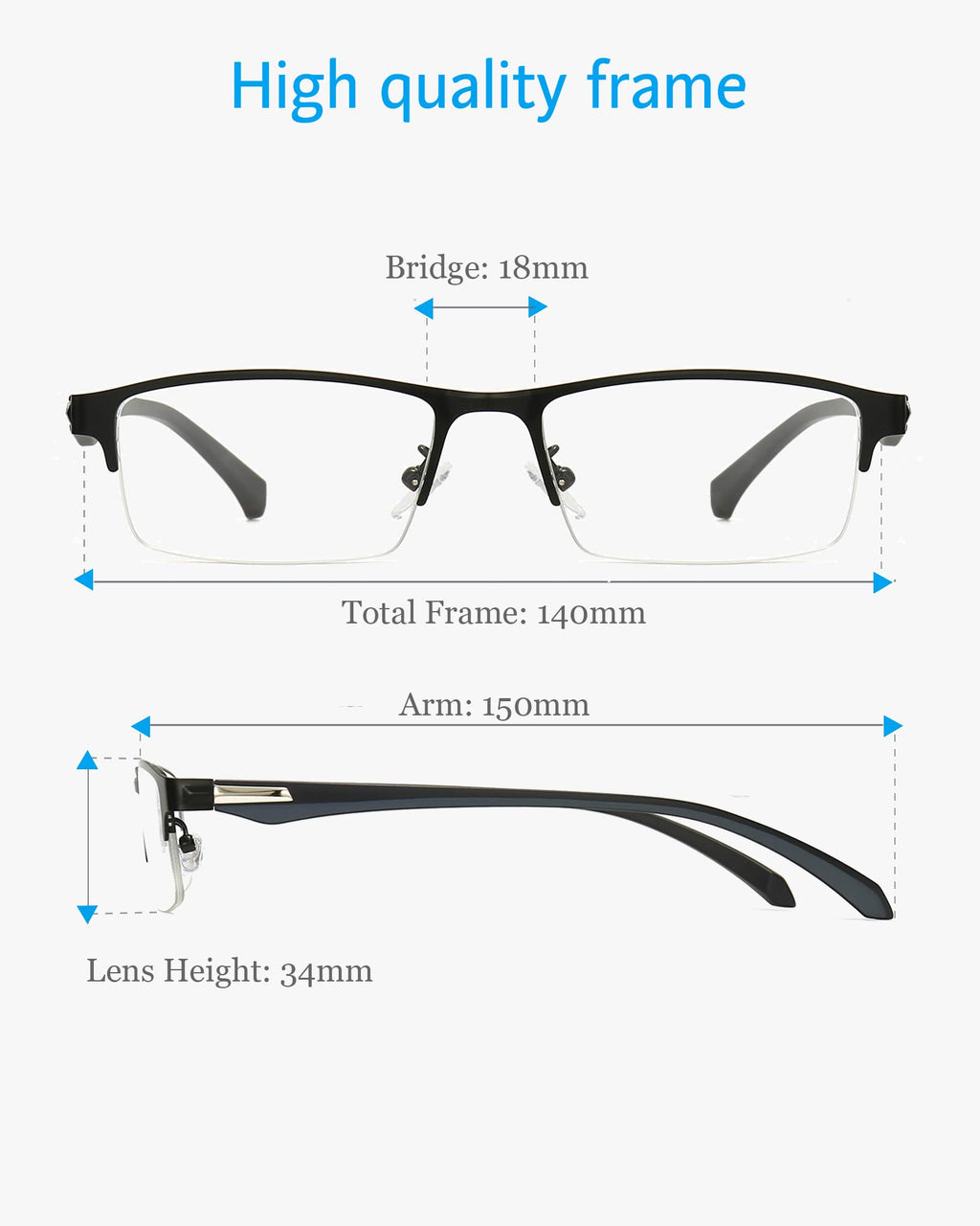 ANRRI Blue Light Glasses for Men Semi Rimless Rectangle Black Metal Frame UV Blocking Computer Glasses