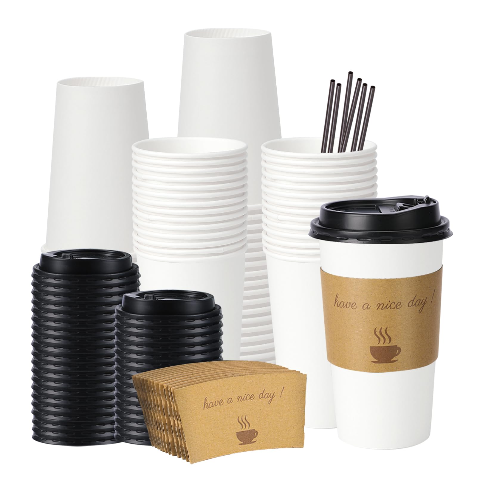 BYSNOW 20 oz 50 pack Disposable Paper Coffee Cups, Paper To Go Cups with Lids, Sleeves and Stirring Sticks, Hot Paper Cups for Home, Office and Party (White 20oz)