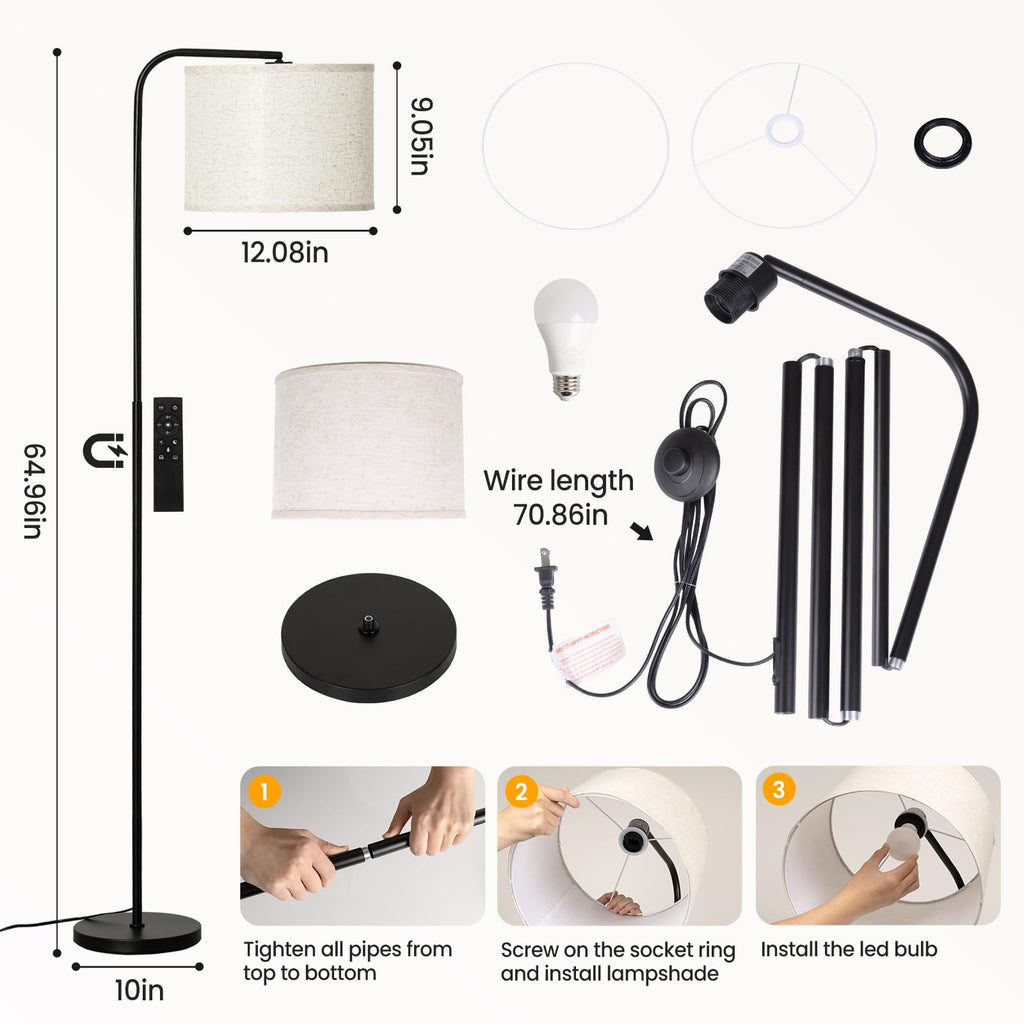 Remote Floor Lamp for Living Room and Bedroom - Modern RGB Standing Lamps Tall with Led Blub and Dimmable Light - Black Arc Room Lights with Shade for Home Decor Office Corner and Reading ( Black+RGB)