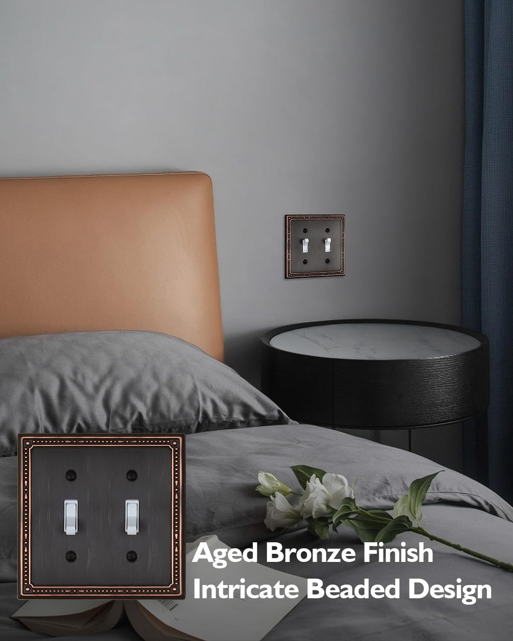 ZILLSEA 2-Pack Aged Bronze Double Toggle Wall Plates, 2 Gang Light Switch Covers, Durable Metal Switch Plate Covers, Decorative Pearl Design, 4.96''*4.88'', Midsize