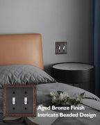 ZILLSEA 2-Pack Aged Bronze Double Toggle Wall Plates, 2 Gang Light Switch Covers, Durable Metal Switch Plate Covers, Decorative Pearl Design, 4.96''*4.88'', Midsize