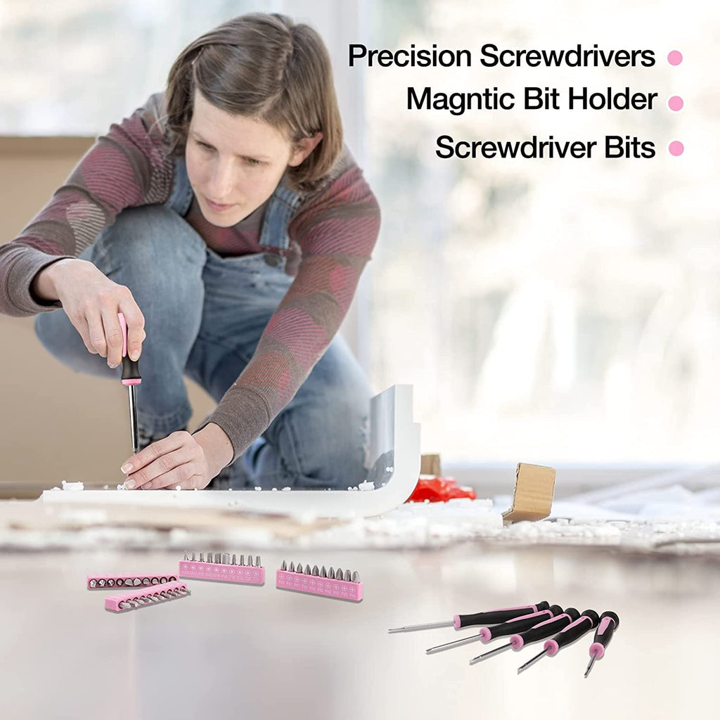 39 Piece All Purpose Basic Household Pink Tool Kit for Women - Small Tool Set with Toolbox Great for Home, Garage, Office and College Dormitory Use
