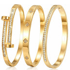 Xigocorsn Gold Bangles Bangle Bracelets Set for Women, genuine gold electroplating 3 Piece Elliptical Design with Cubic Zirconia Accents, 2.36 Inch Diameter, Waterproof Stainless Steel