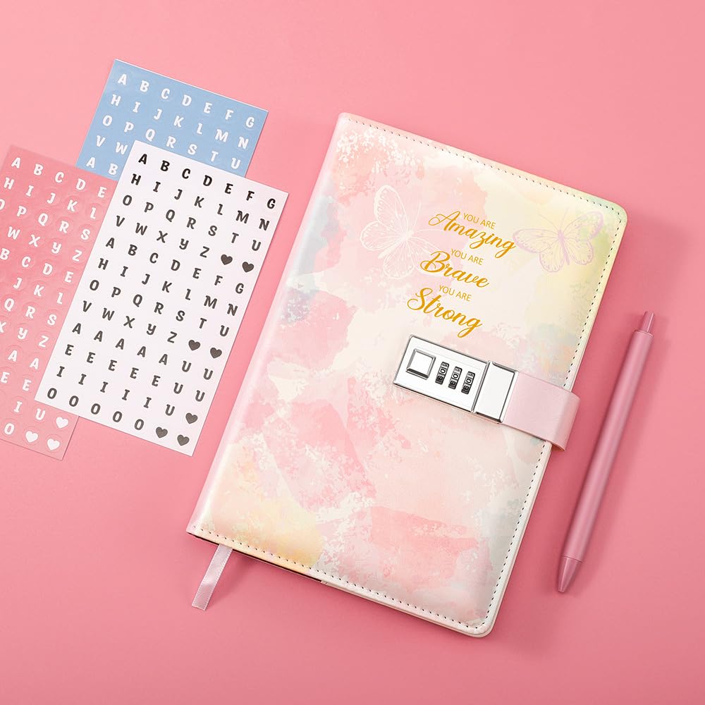 Nollh Diary with Lock for Girls and Women - 5.7 x 8.5 Inch Journal with Lock with Pen and Stickers, Birthday Gifts for 8-12 14 16 Year Old Girls, Gifts for Women