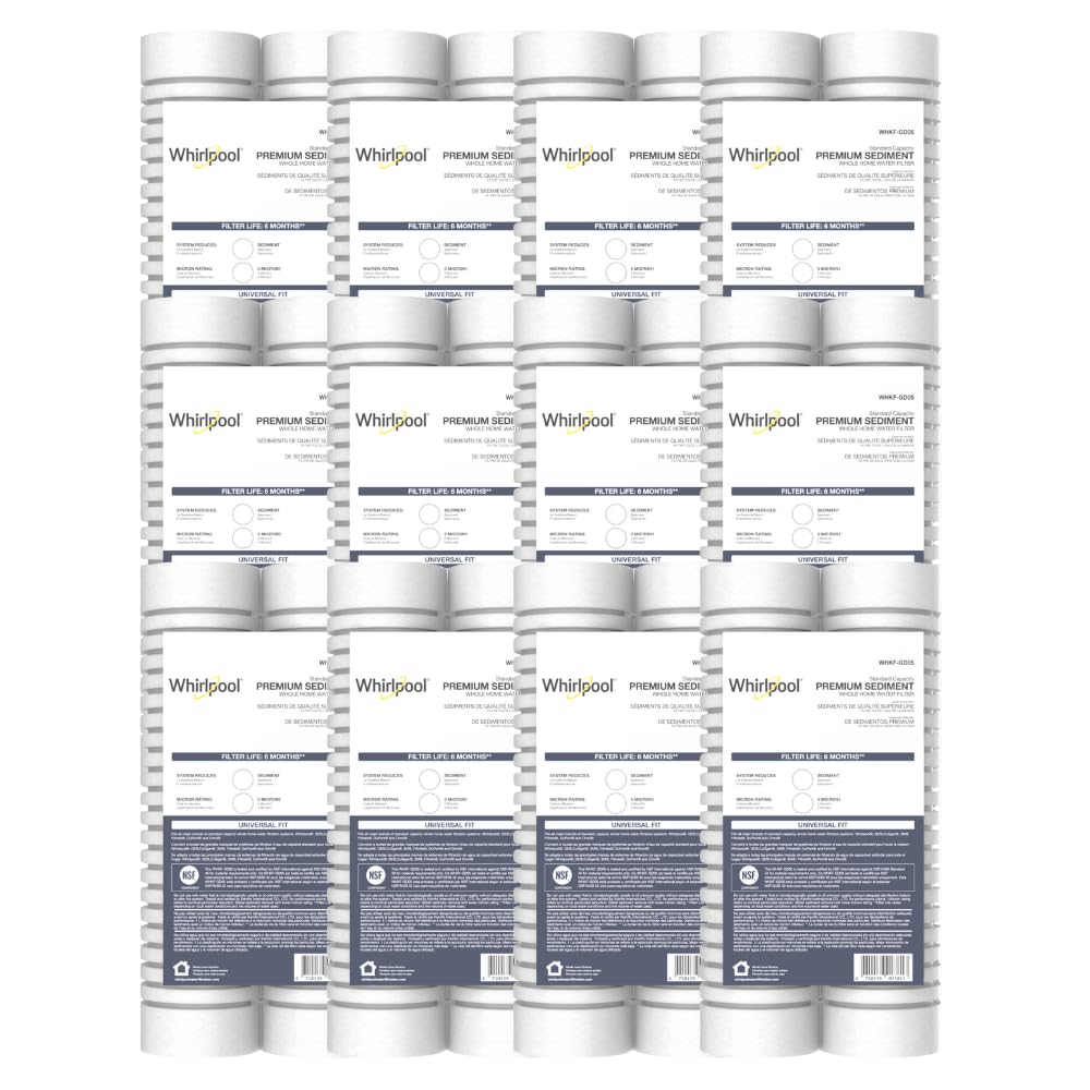 Whirlpool 10" x 2.5" Whole House Sediment Water Filters. WHKF-GD05 Grooved Filter, 5 Micron, NSF Certified Reduces Sand, Soil, Silt & Rust for Standard Filter Housings, 24-Pack