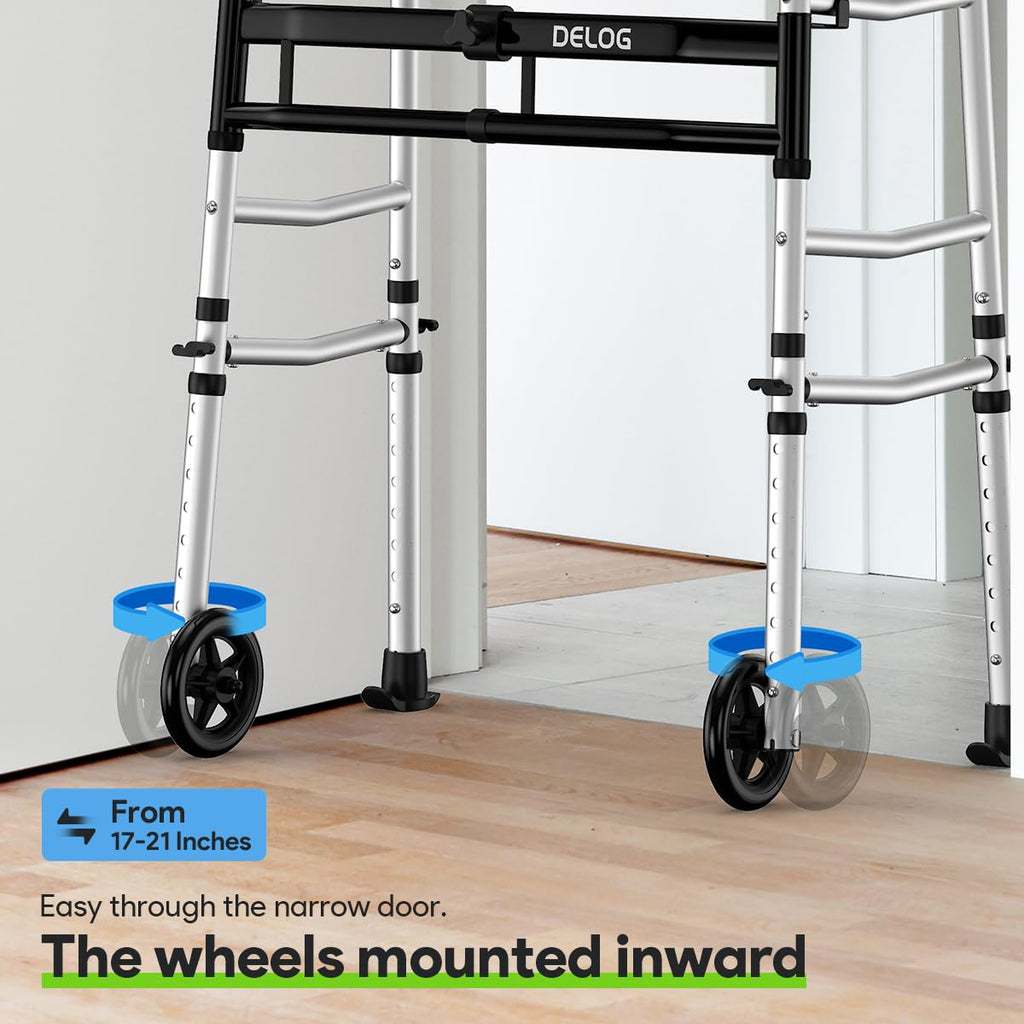 Delog Folding Walker for Senior - Platform Walker with 5’’ Wheels and Removable Padded Armrests 350lbs, Lightweight Walking Mobility Aid, Standard Walker for Elderly (Black)