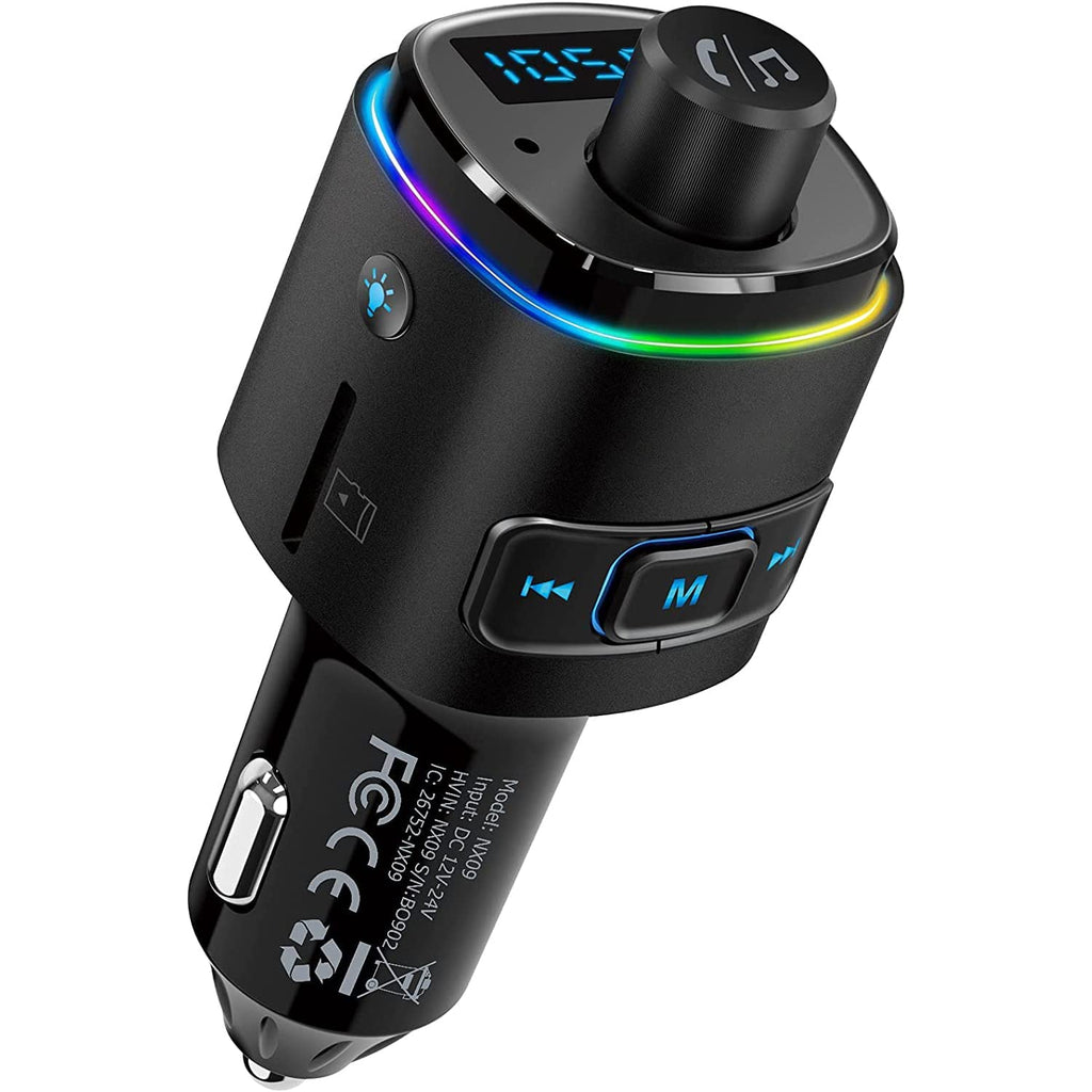 Nulaxy Bluetooth FM Transmitter for Car, QC3.0 Fast Charge Bluetooth Car Adapter, Wireless Radio with 7 Color LED Backlit, Support Hands-Free Calls, USB Flash Drive, microSD Card (Black)