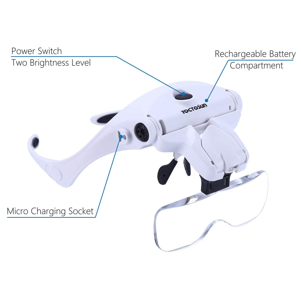 YOCTOSUN Magnifying Glasses with Light, Head Mount Magnifier with 5 Lenses, Headband, Storage Case, Hands Free LED Lighted Head Magnifying Visor for Close Work Hobby Crafts