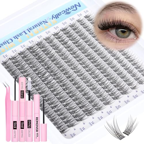 Natural Lash Extension Kit Cluster Lashes Kit Cluster Eyelash Extension Kit 220Pcs C Curl DIY Eyelash Extension Kit Short 10-14MM Individual Lashes Kit with Lash Remover by Newcally