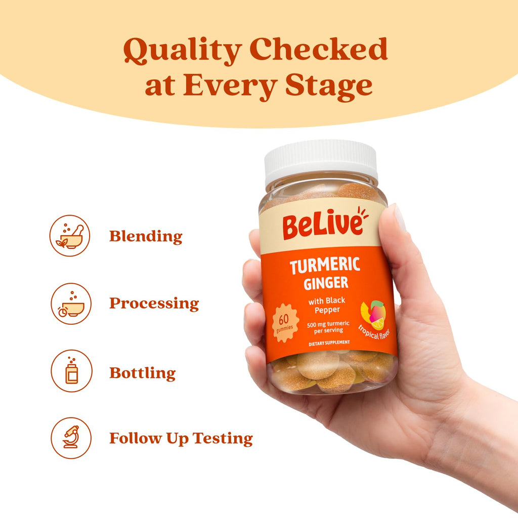 BeLive Turmeric Gummies - Curcumin with Black Pepper & Ginger Extract - 500 mg of Turmeric and Ginger Supplement for Immune Support, Healthy Skin, and Mobility - Tropical Flavor | 60 Count