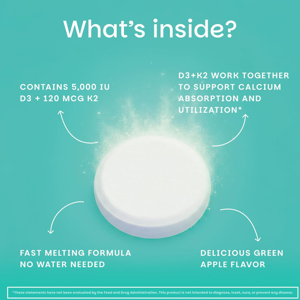 EZ Melts Dissolvable Vegan Vitamin D3 + K2 5,000 IU - Bone & Heart Health Support - Immune Function Support - No Artificial Flavors - Non-GMO - Green Apple - 180 Dissolvable Tablets (180 Servings)