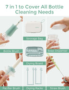 Momcozy 7-in-1 Baby Bottle Brush Set with Drying Rack, Green