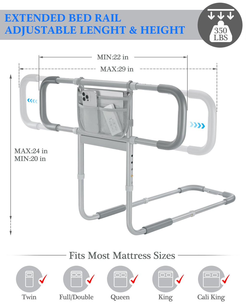 Bed Rails for Elderly Adults Safety, Extended Bed Assist Rail for Seniors with Motion Sensor Light - Adjustable Side Bed Guard Rails Handle Support Bar with Storage Bag, Fit King Queen Full Twin Beds