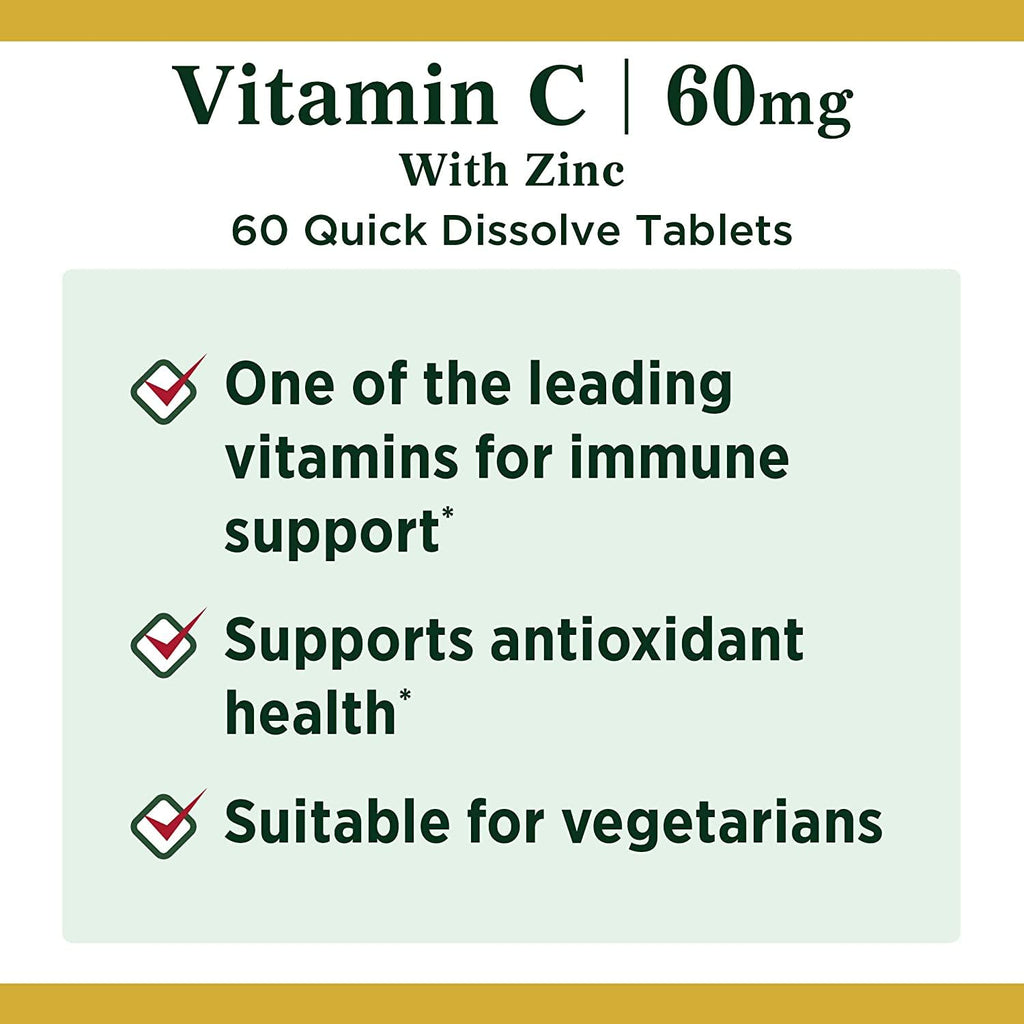 Nature's Bounty Vitamin C + Zinc, Vitamin Supplement, Supports Immune Health, 60 mg, 60 Tablets (Pack of 3)