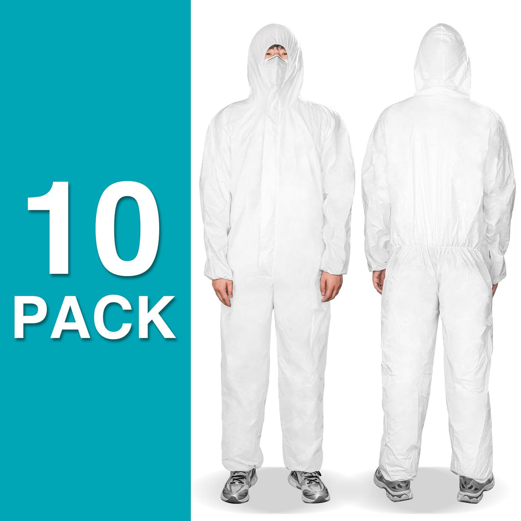 FURWEY Hazmat Suits 10 Pack Disposable Protective Coveralls, Heavy Duty Full Body Painters Suit for Men & Women with Elastic Wrists, Ankles and Hood, Available in 4 sizes-Large