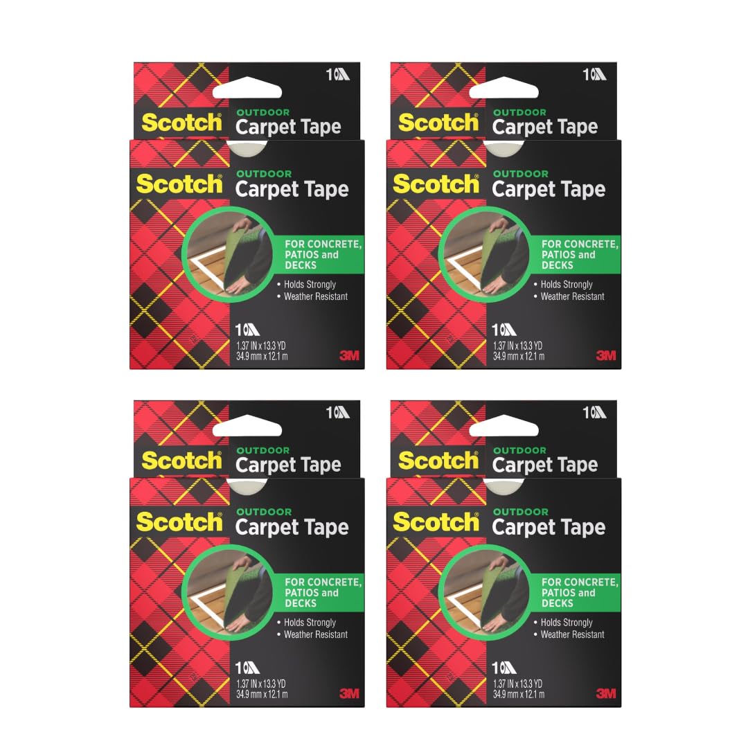 3M Scotch Double-Sided Carpet Tape 1.3 in x 40 ft – Heavy Duty Indoor/Outdoor Rug Gripper for Hardwood, Vinyl, Tile & Concrete Floors – Non-Slip Adhesive for Area Rugs and Mats - 4 Pack
