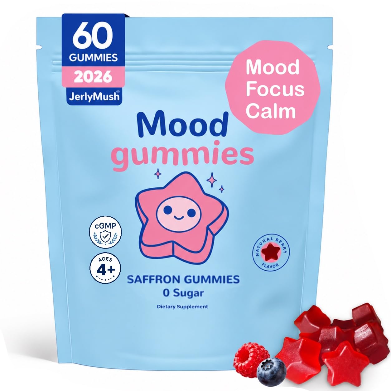 JerlyMush Saffron Gummies for Kids - Saffron with GABA, Passion Flower & St Johns Wort, Sugar Free, Support Mood & Focus Calm Gummies, Natural Berry Flavor (60 Gummies)