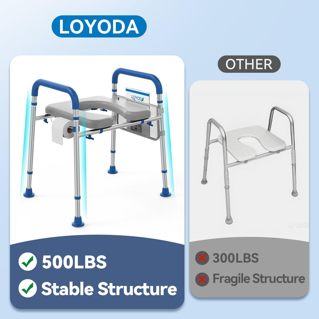 Loyoda Toilet Seat Risers for Seniors, Removable Padded Raised Toilet Seat with Handles, Easy to Clean Adjustable Height Toilet Riser, Handicap Elevated Seat 400lb, Fits Any Toilet