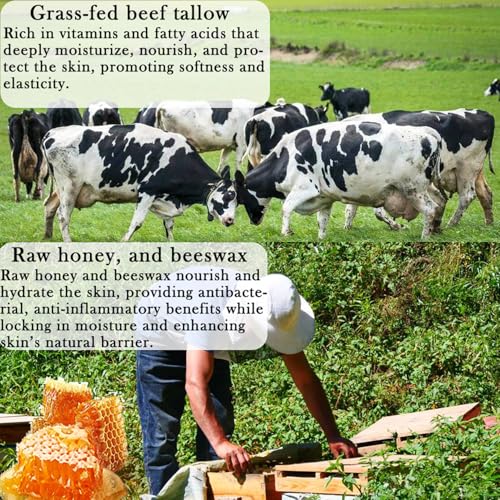 Beef Tallow For Skin, Beef Tallow and Honey Balm Face Moisturizer, Organic Grass Fed Tallow Deeply Nourishing for Face & Body - Whipped Beef Tallow Skin Balm, Moisturizing Skin Care Cream for Dry Skin