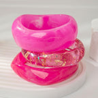 3PCS/Set Chunky Acrylic Resin Bangles Bracelets for Women, Irregular Geometric Designs, Fashion Thick Fuchsia Statement Stackable Bangle Set, Cute Trendy Jewelry, Summer Boho Bracelet Jewelry Gifts (Rose Red)
