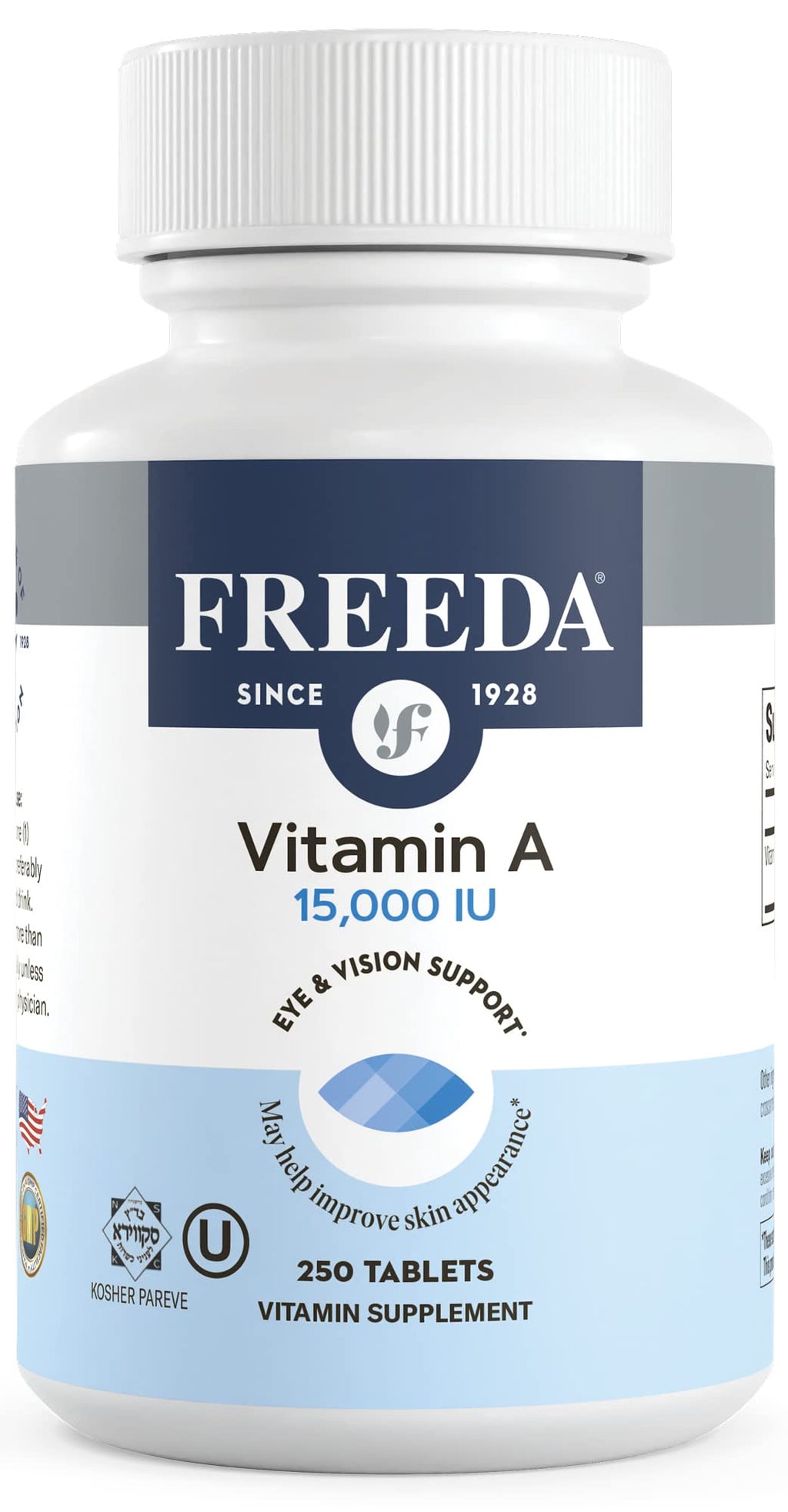 Freeda Vitamin A 15,000 IU – Retinyl Palmitate – Vegan, Kosher, No Fish – Eye, Vision, Immune & Skin Support – Tiny Easy-to-Swallow Tablets – VIT A Vitamina A Supplement – 250 Tablets