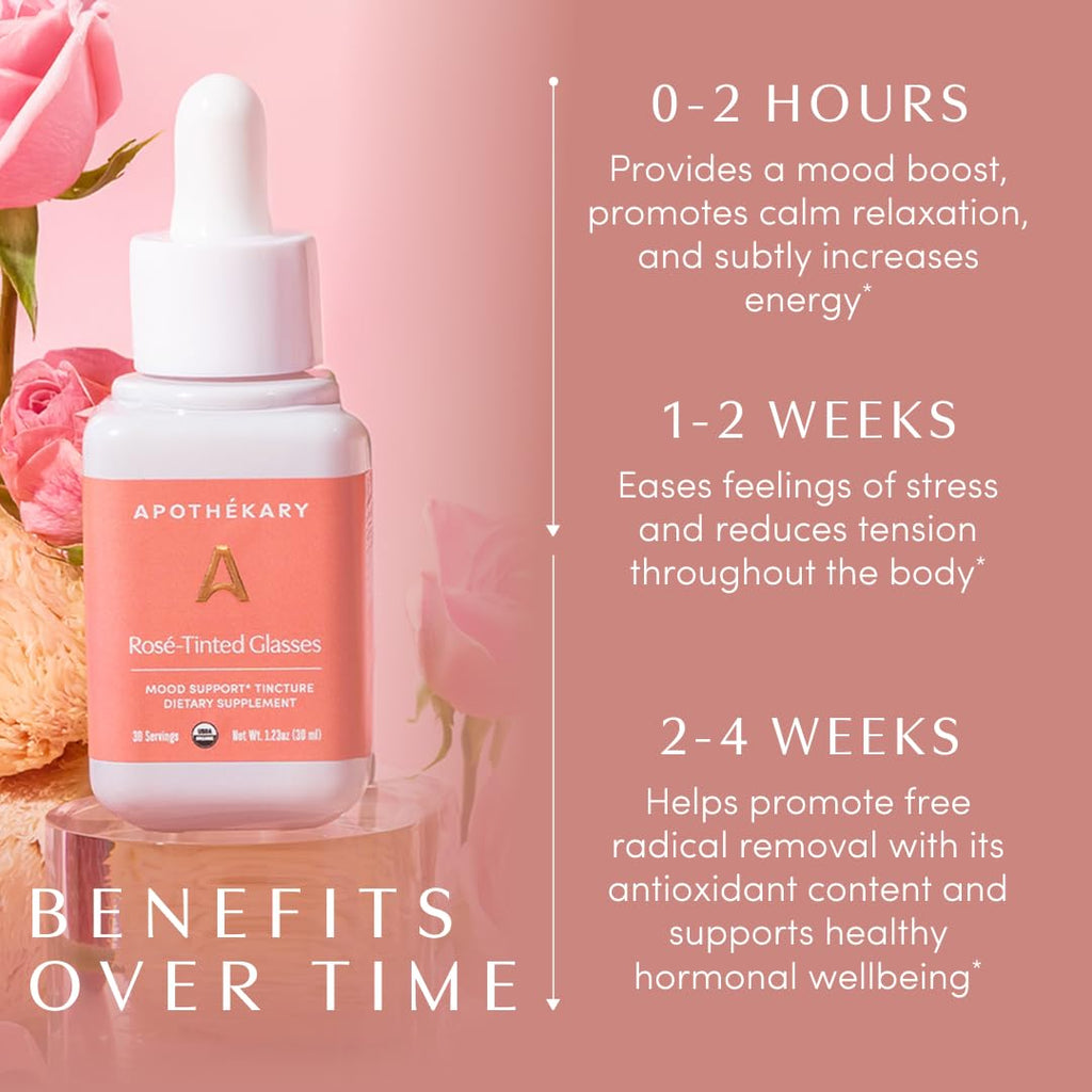 Apothékary Rosé-Tinted Glasses, Supports a Balanced Mood & Focus, Alcohol-Free, Wine-Inspired Herbal Liquid Drops with Schisandra Berry & Lion's Mane Mushroom, Certified Organic, 4 fl oz, 100 Servings