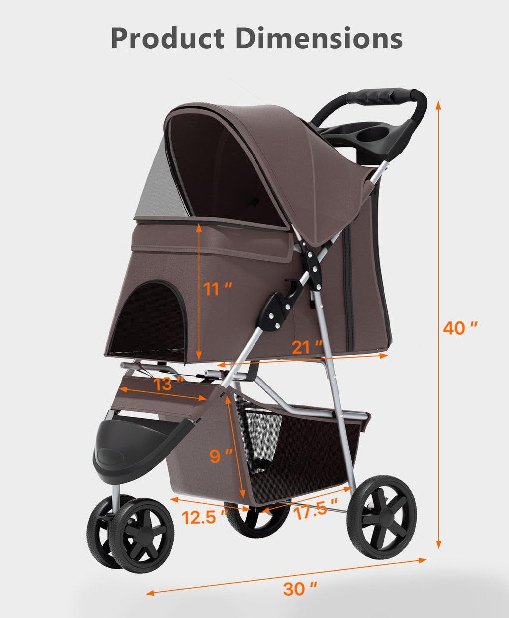 OS MOTOR Pet Stroller with 3 Wheels for Small/Medium Pets, Portable Travel Foldable Carrier Jogger for Dog Cat Puppy Kitty, Rear Wheel Breaks, Storage Basket, Visible Mesh with Weather Cover (Coffee)
