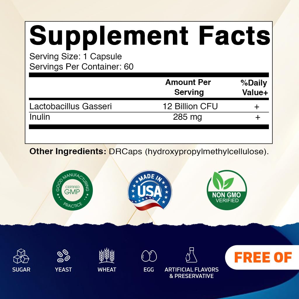 Vitamatic Lactobacillus Gasseri - 12 Billion per DR Capsule - 60 Count - Digestive Support - Made with Prebiotic Inulin Fiber (Pack of 2)
