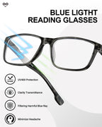 JOLISU 4 Pack Reading Glasses Men Blue Light Blocking with Spring Hinge, Anti Eyestrain/UV Large Wide Square Computer Readers (1.00)