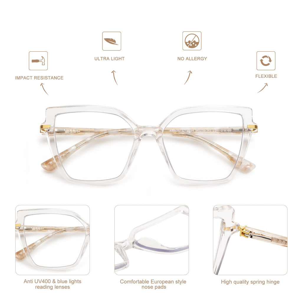 AMOMOMA 2PACK Trendy Square Blue Light Blocking Reading Glasses for Women Women's Readers Spring Hinge AM6082 C1+C2 2.0 x