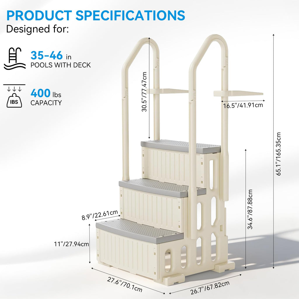 Outvita 3 Steps Heavy-Duty Safety Pool Ladder for Above Ground Swimming Pools up to 60", 400lbs Capacity, Stair Entrance with Handrails(Beige)