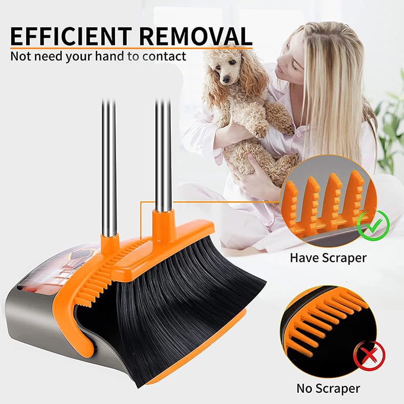 2-Pack is More economical,Upgraded Broom and Dustpan,with 52" Long Handle, Dustpan Teeth with self-Cleaning Function, Indoor and Outdoor Sweeping, Perfect for Home Office (Large Size/Orange /2-Pack)