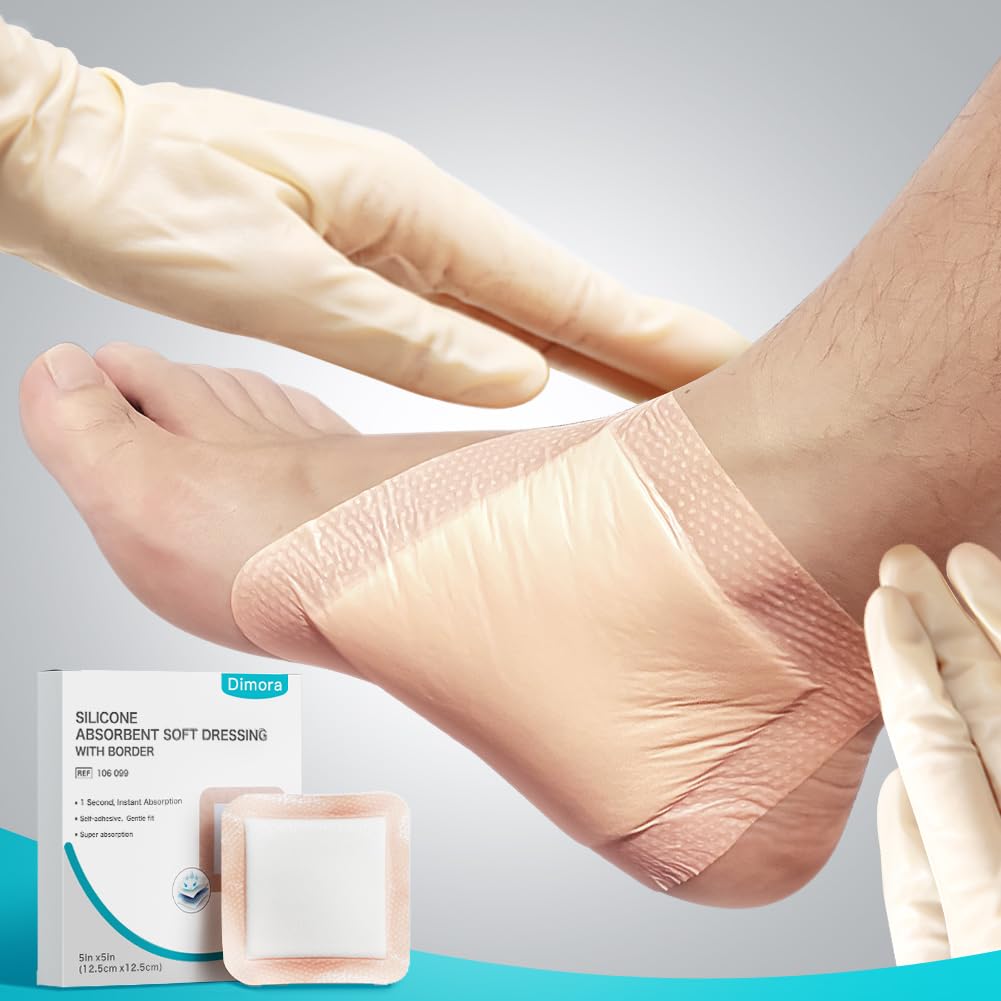 Dimora Silicone Super Absorbent Wound Dressings - Gentle Adhesive Bandages with Ultrasorb Polymer,Heavy Exudate Wound Care Pads 5"X 5" 10 Count