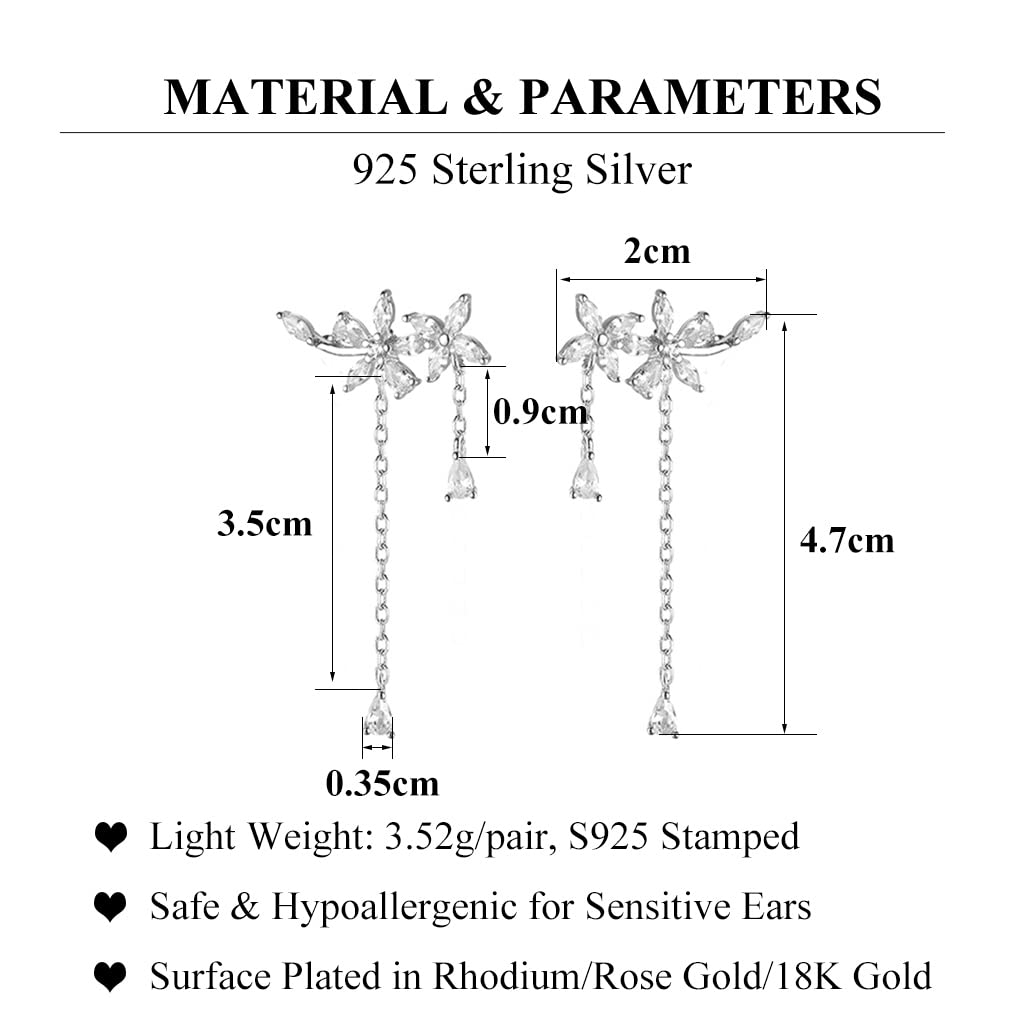 SLUYNZ 925 Sterling Silver Dainty CZ Flowers Wrap Earrings Dangle Chain for Women Elegant Bridal Wedding Earrings Engagement Drop (A-Silver)