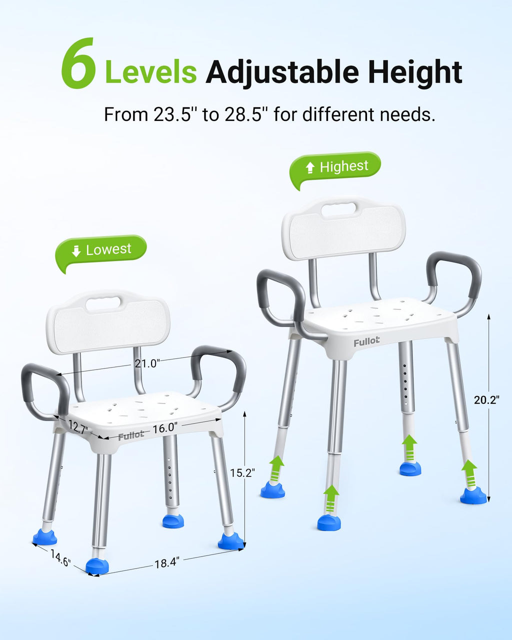 Widened Shower Chair for Inside Shower with Back & Arms,400 lbs Heavy Duty & Adjustable Shower Chair for Elderly and Disabled, Non-Slip Shower Seat, Tub Bath Chair, Tool-Free
