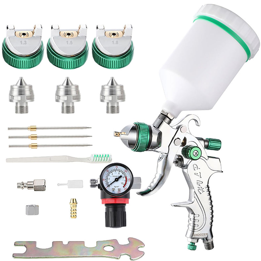 ENDOZER Professional HVLP Spray Gun Set Gravity Feed Air Spray Gun with 1.3, 1.5, 1.8mm Nozzles 20oz 600cc with Gauge for Auto Paint, Primer, Clear/Top Coat & Touch-Up (Not Suitable for Latex Paint)