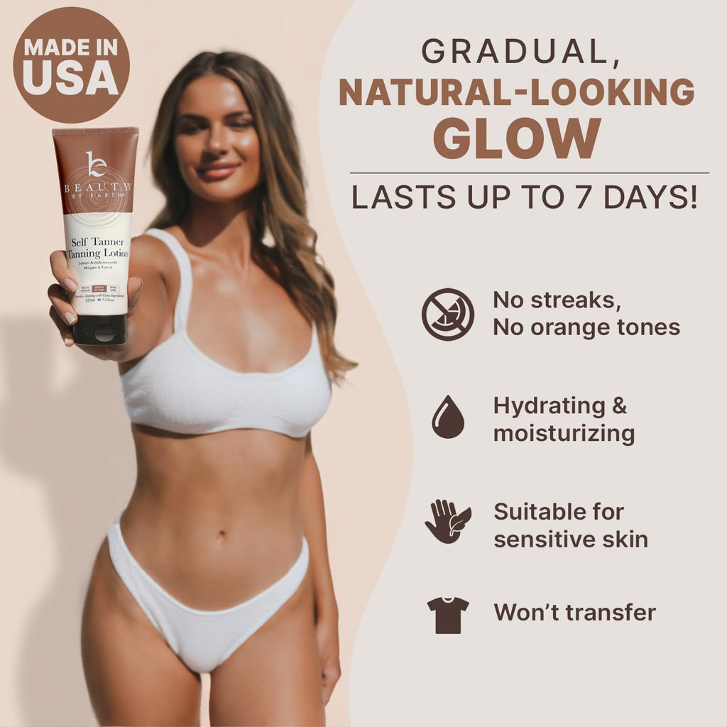Beauty by Earth Self Tanner - USA Made with Natural & Organic Ingredients, Moisturizing Self Tanning Lotion with Aloe Vera & Coconut for a Natural Glow, Streak-Free Fake Tan, Medium to Dark
