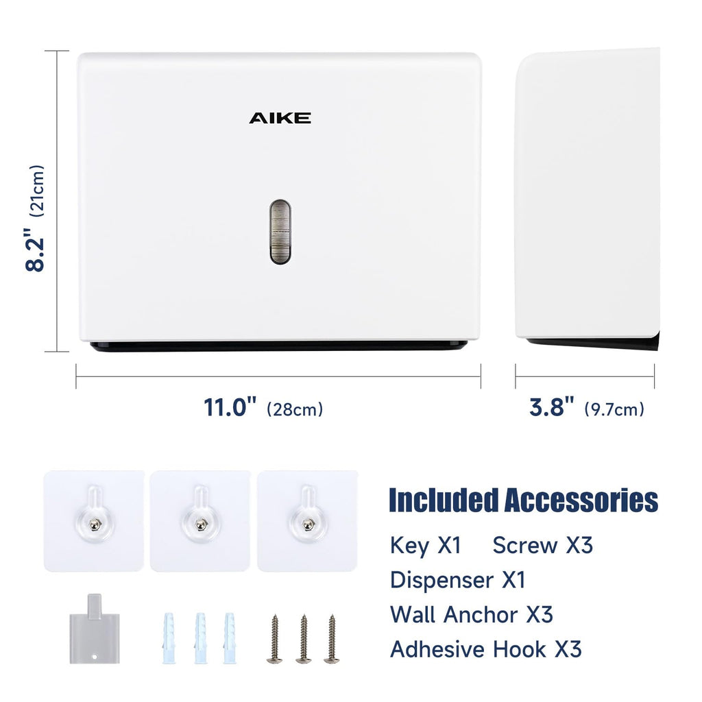 AIKE 200-Sheet Multifold Paper Towel Dispenser,No-Drill Wall Mount,White