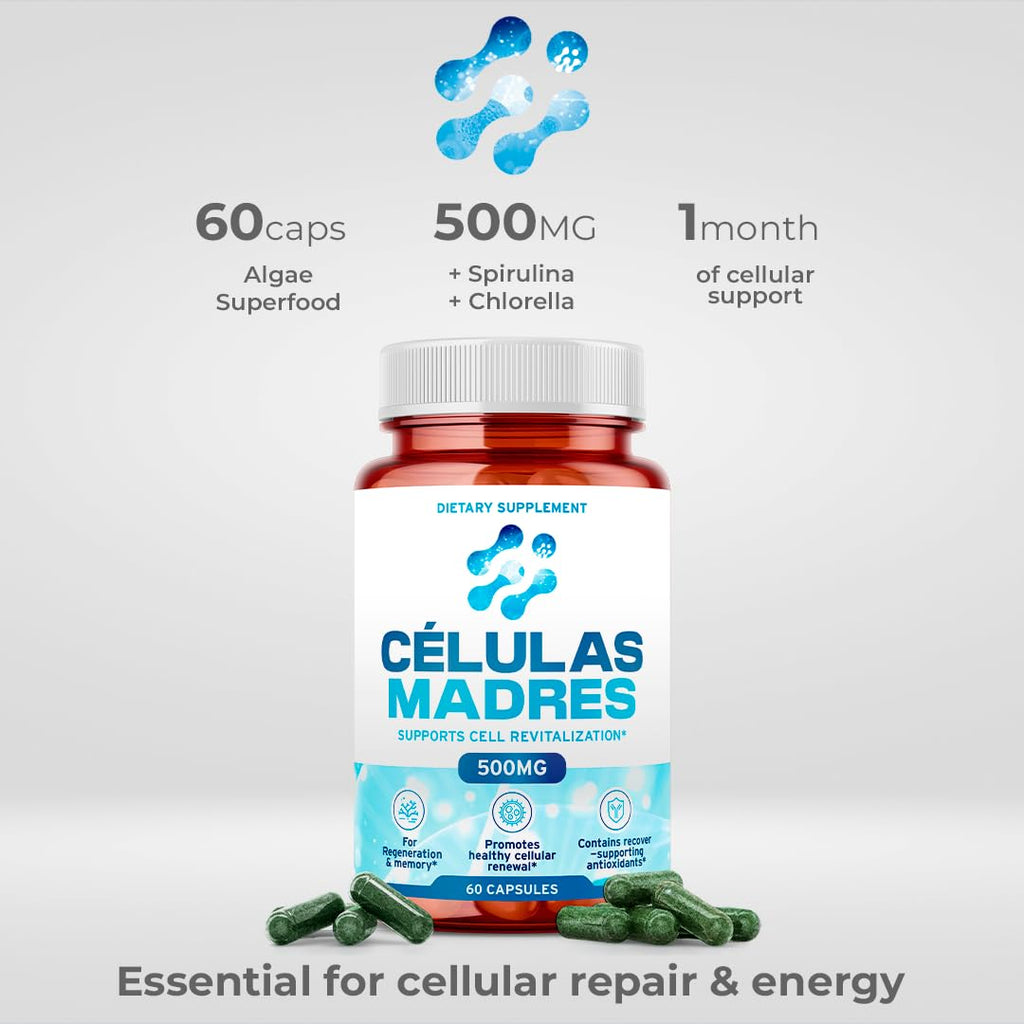 Stem Cell Supplements 500mg (120 Cap) Natural Anti-Aging & Longevity Support with Spirulina & Chlorella, Boost Cellular Renewal, Restore Youthful Energy, Reduce Joint Soreness – Celulas Madre