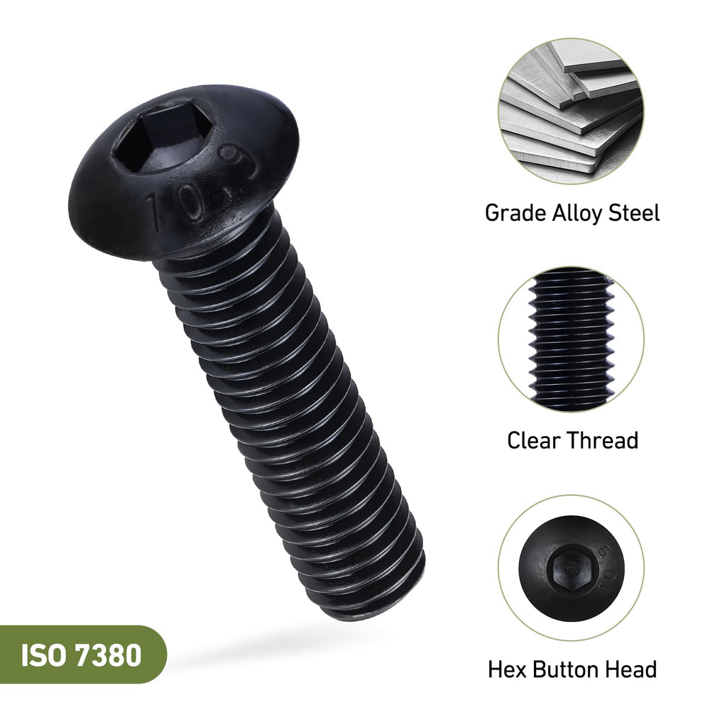 SVLING M5 x 10mm 150PCS Button Head Hex Socket Cap Screws Bolts, 10.9 Grade Alloy Steel, Allen Hex Drive, Full Thread, Black Oxide, with Hex Spanner