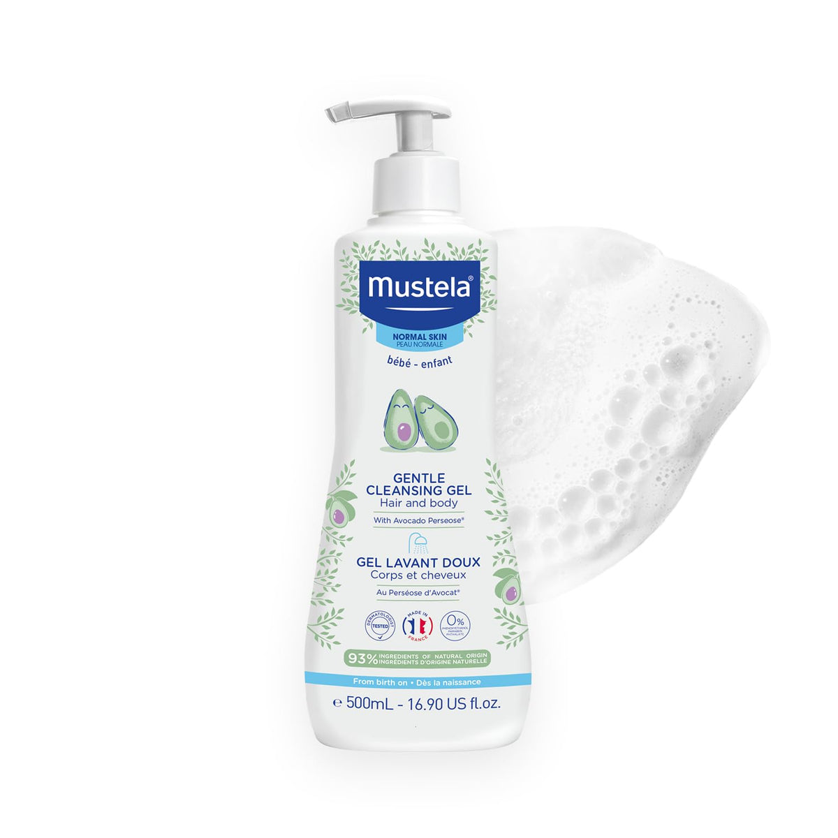 Mustela Gentle Cleansing Gel - Baby Wash for Delicate Skin and Hair - Newborn-Safe Cleanser - Crafted with Natural Avocado Perseose - Various Sizes - 16.90 fl. oz.