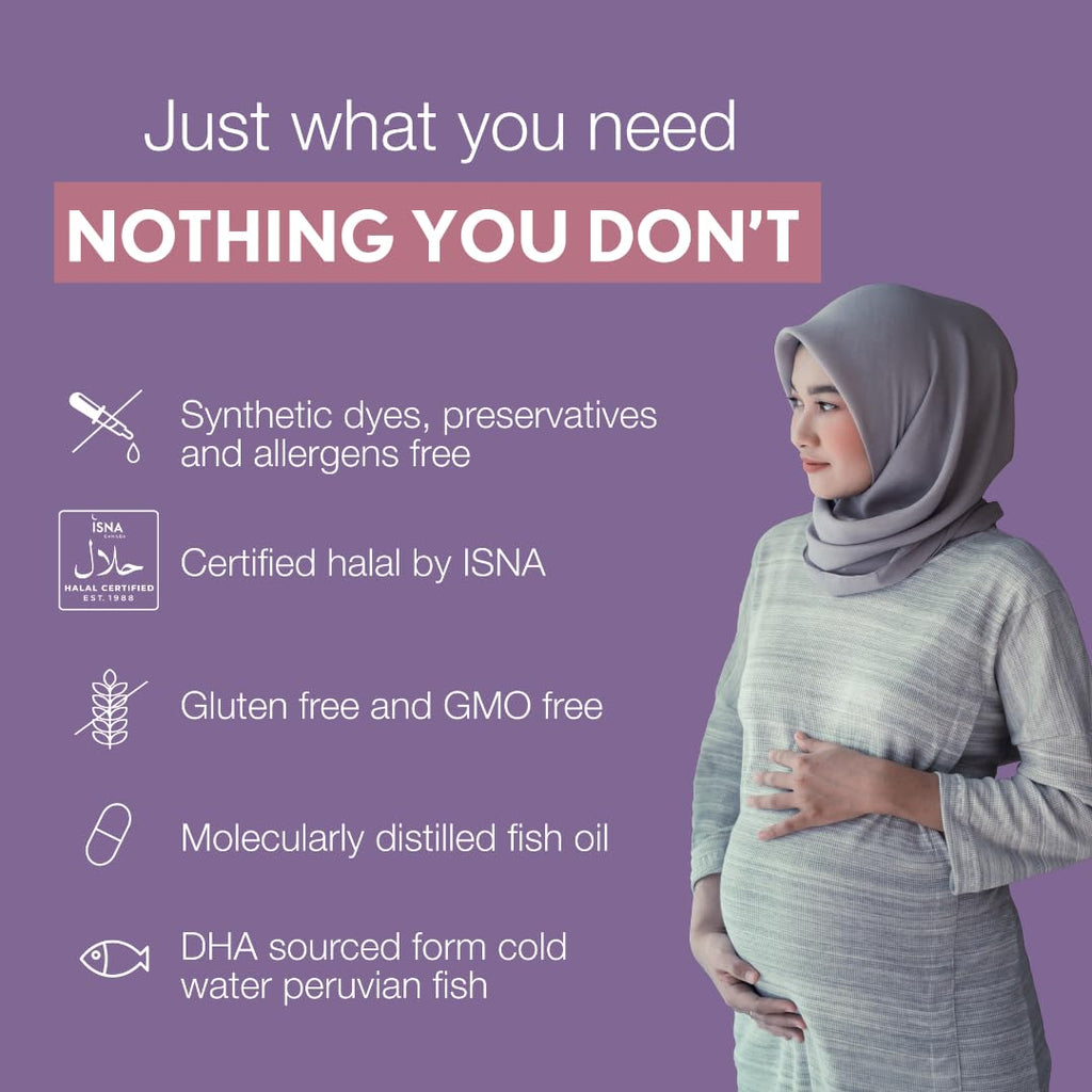 Noor Vitamins Halal Prenatal Vitamins with DHA and Folic Acid, Essential Vitamins, Ginger to Soothe Mom's Stomach, Iron, Softgels, Prenatal Vitamin Before/During/Post Pregnancy (1 Month Supply)