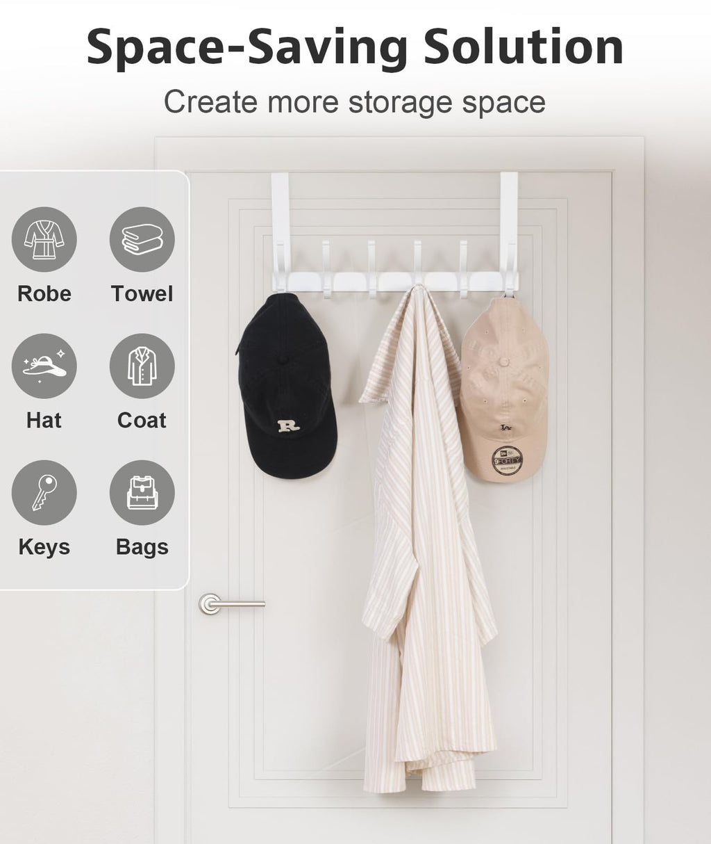 Optish Door Hooks for Hanging, Over The Door Towel Racks for Bathroom, Coat Rack Door Towel Hanger Towel Hooks (2Pack, White, Fit 1-3/4" Doors)